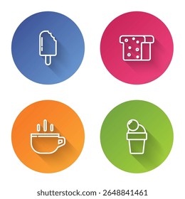 Set line Ice cream, Bread toast, Coffee cup and . Color circle button. Vector