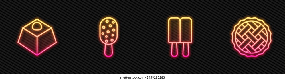 Set line Ice cream, Brownie chocolate cake,  and Homemade pie. Glowing neon icon. Vector