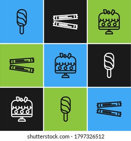 Set line Ice cream, Cake on plate and Sugar stick packets icon. Vector