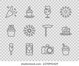 Set line Ice cream, Cake, Cocktail and alcohol drink, Mobile with birthday message, Festive confetti, Firework, Photo camera and  icon. Vector