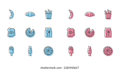 Set line Ice cream, Candy, Hotdog, Pizza, Online ordering delivery, Sandwich and Croissant icon. Vector