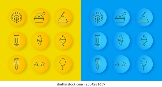 Set line Ice cream, Candy, in waffle cone, Cotton candy, bowl, Brownie chocolate cake, Cherry cheesecake and  icon. Vector