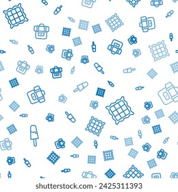 Set line Ice cream, Checkered napkin and Hiking backpack on seamless pattern. Vector