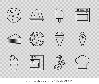 Set line Ice cream, Chef hat, Electric mixer, Cookie or biscuit, Donut, Macaron cookie and Pastry bag icon. Vector
