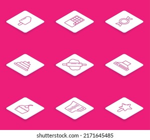 Set line Ice cream, Chocolate bar, Candy, Cake with burning candles, Rolling pin on dough, Kitchen extractor fan,  and Measuring cup icon. Vector