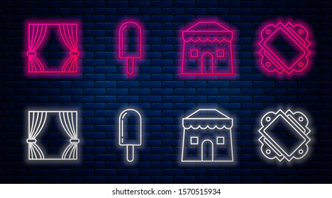 Set line Ice cream, Circus tent, Curtain and Ticket. Glowing neon icon on brick wall. Vector