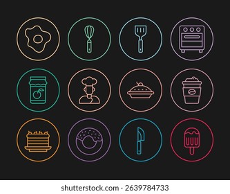 Set line Ice cream, Coffee cup to go, Spatula, Cook, Jam jar, Scrambled eggs, Homemade pie and Kitchen whisk icon. Vector