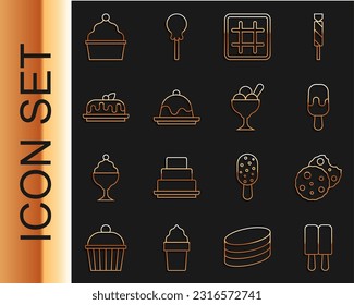 Set line Ice cream, Cookie or biscuit, Waffle, Cake,  and in bowl icon. Vector