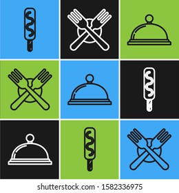 Set line Ice cream, Covered with a tray of food and Crossed fork icon. Vector