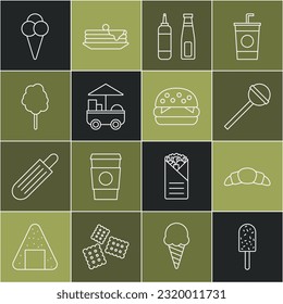 Set line Ice cream, Croissant, Lollipop, Sauce bottle, Fast street food cart, Cotton candy, in waffle cone and Burger icon. Vector
