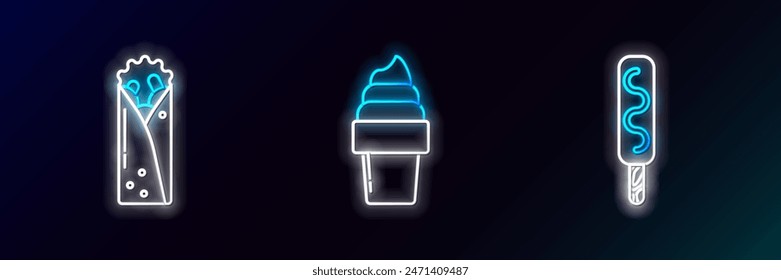 Set line Ice cream, Doner kebab and in waffle cone icon. Glowing neon. Vector