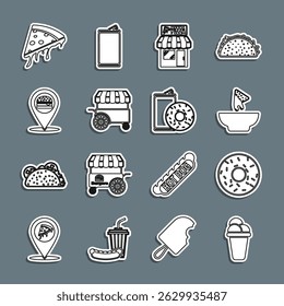 Set line Ice cream, Donut, Nachos in plate, Pizzeria building facade, Fast street food cart, Location with burger, Slice of pizza and Aluminum can soda and donut icon. Vector