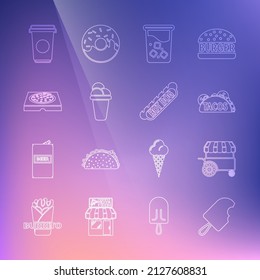 Set line Ice cream, Fast street food cart, Taco with tortilla, Glass water, Pizza in cardboard box, Coffee cup and Hotdog sandwich icon. Vector