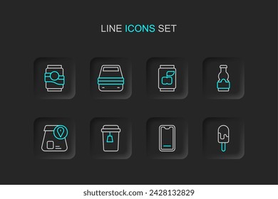 Set line Ice cream, Food ordering on mobile, Cup of tea, Online food, Sauce bottle, Soda can, Lunch box and  icon. Vector