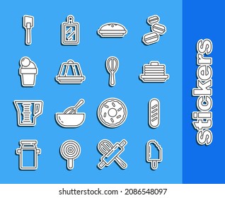 Set line Ice cream, French baguette bread, Stack of pancakes, Homemade pie, Pudding custard, Spatula and Kitchen whisk icon. Vector