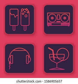 Set line Ice cream , Headphones , DJ remote for playing and mixing music  and Martini glass . Blue square button. Vector