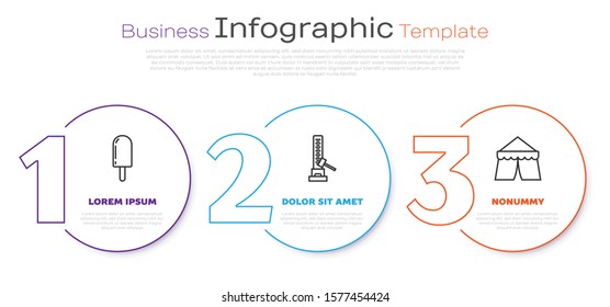 Set line Ice cream, High striker attraction with big hammer and Circus tent. Business infographic template. Vector
