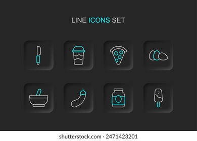 Set line Ice cream, Jam jar, Eggplant, Mortar and pestle, Chicken egg, Slice of pizza, Coffee cup to go and Knife icon. Vector