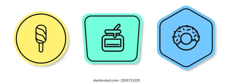 Set line Ice cream, Jar of honey and Donut. Colored shapes. Vector