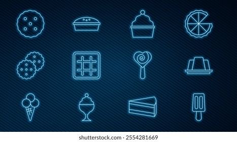 Set line Ice cream, Jelly cake, Cake, Waffle, Cookie or biscuit, Lollipop and Homemade pie icon. Vector