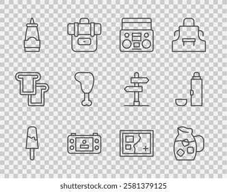 Set line Ice cream, Jug glass with water, Home stereo two speakers, Portable video game console, Sauce bottle, Chicken leg, Folded map and Thermos container icon. Vector