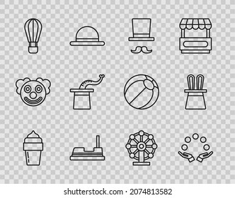 Set line Ice cream, Juggling ball, Magician, Bumper car, Hot air balloon, hat, Ferris wheel and and rabbit ears icon. Vector