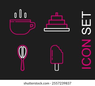 Set line Ice cream, Kitchen whisk, Cake with burning candles and Coffee cup icon. Vector