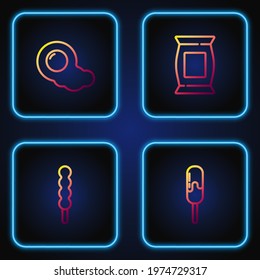Set line Ice cream, Lollipop, Scrambled eggs and Bag or packet potato chips. Gradient color icons. Vector