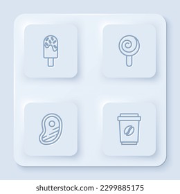 Set line Ice cream, Lollipop, Steak meat and Coffee cup to go. White square button. Vector