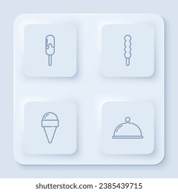 Set line Ice cream, Lollipop, in waffle cone and Covered with tray. White square button. Vector