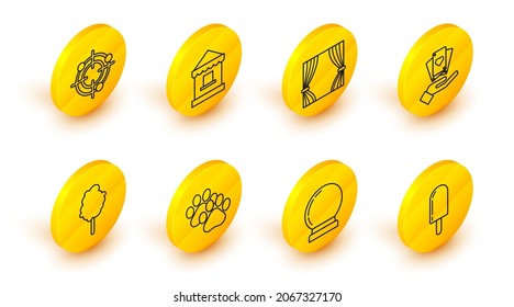Fijar línea Crema de hielo, bola mágica, huella de pata, caramelos de algodón, cartas de juego de mano, Cortina, taquilla de bolígrafo y Deporte objetivo para un icono de la competencia de tiro. Vector