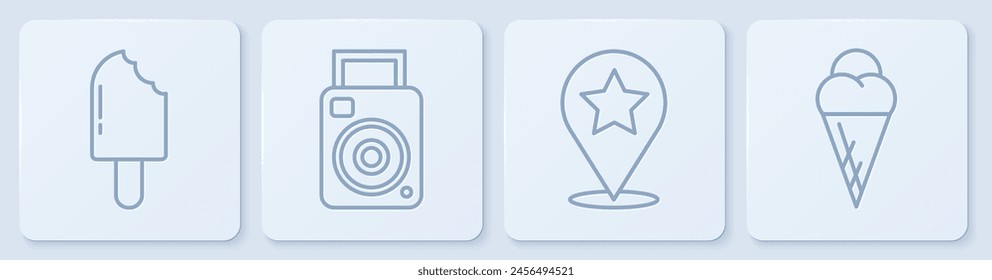 Set line Eis, Kartenzeiger mit Stern, Fotokamera und Eis in Waffeltüte. Weißes quadratisches Button. Vektorgrafik