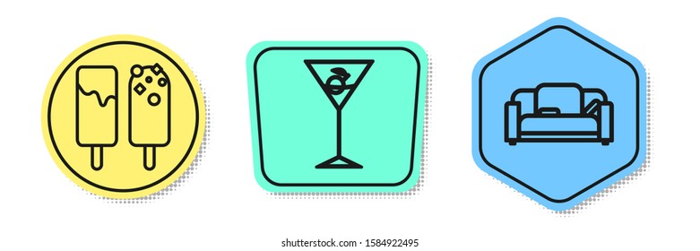 Set line Ice cream , Martini glass  and Sofa . Colored shapes. Vector