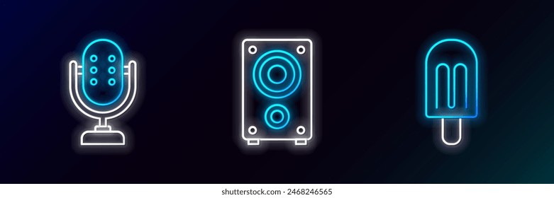 Set line Ice cream, Microphone and Stereo speaker icon. Glowing neon. Vector