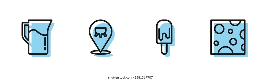 Set line Ice cream, Milk jug or pitcher, Udder and Cheese icon. Vector