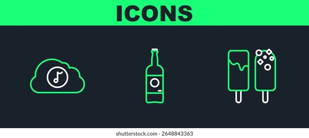 Set line Ice cream, Music streaming service and Beer bottle icon. Vector