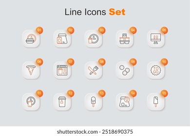 Set line Ice cream, Online ordering food, Cup of tea, Round the clock delivery, Coffee cup to go, Cookie biscuit and Crossed knife and fork icon. Vector