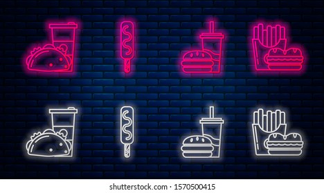 Set line Ice cream, Paper glass with drinking straw and burger, Paper glass and taco with tortilla and Burger and french fries in carton package box. Glowing neon icon on brick wall. Vector