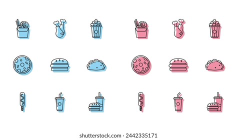 Set line Ice cream, Paper glass with drinking straw and water, Asian noodles paper box chopsticks, burger, Burger, Taco tortilla, Pizza and Chicken leg icon. Vector