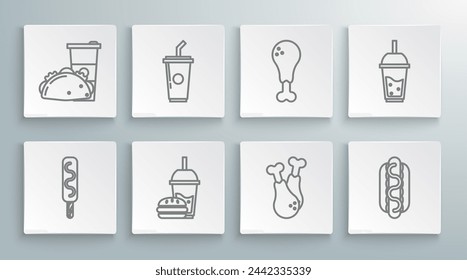 Set line Ice cream, Paper glass with drinking straw and water, burger, Chicken leg, Hotdog sandwich mustard, Glass of lemonade and taco tortilla icon. Vector