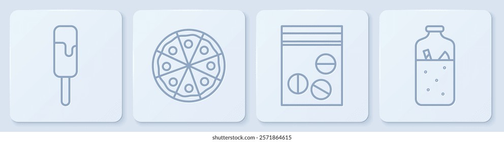 Set line Ice cream, Plastic bag of drug, Pizza and Mulled wine. White square button. Vector