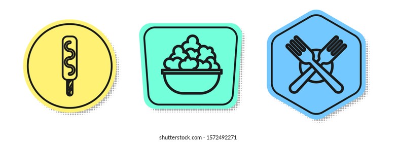 Set line Ice cream, Popcorn in bowl and Crossed fork. Colored shapes. Vector