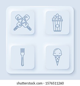 Set line Ice cream, Popcorn in cardboard box, Fork and Ice cream in waffle cone. White square button. Vector