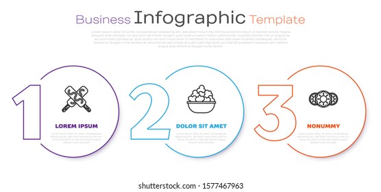 Set line Ice cream, Popcorn in bowl and Donut with sweet glaze. Business infographic template. Vector