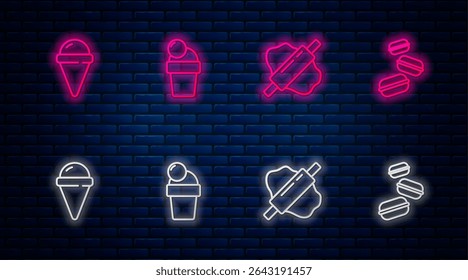 Set line Ice cream, Rolling pin on dough, waffle cone and Macaron cookie. Glowing neon icon on brick wall. Vector