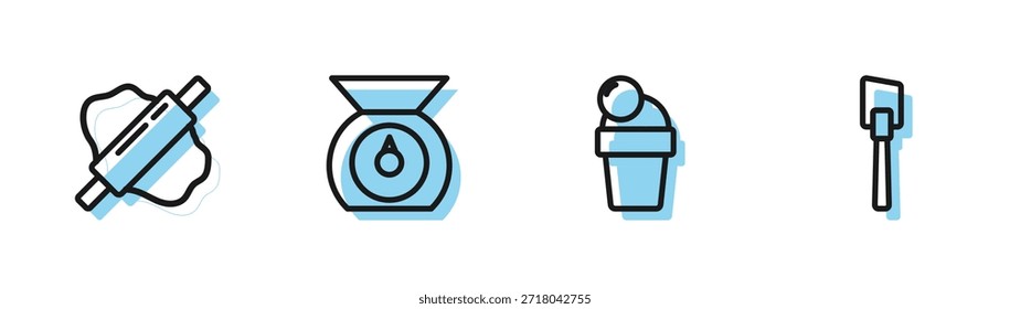 Set line Helado, Rolling pin sobre masa, escamas y espátula icono. Vector