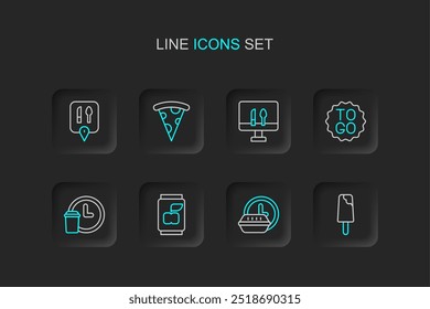 Set line Ice cream, Round the clock delivery, Soda can, Coffee cup to go, Online ordering food, Slice pizza and Cafe and restaurant location icon. Vector