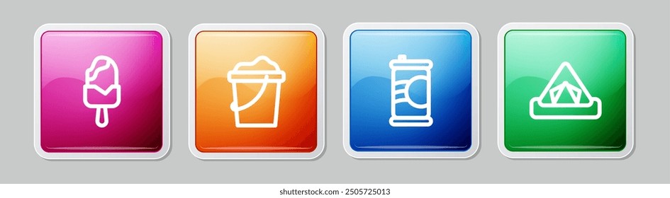 Set line Ice cream, Sand in bucket, Soda can and Tourist tent. Colorful square button. Vector