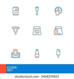 Set line Ice cream, Sauce bottle, Food ordering on mobile, Online food, Slice of pizza, Round the clock delivery and Fork icon. Vector