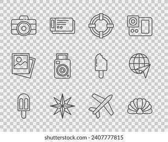 Set line Ice cream, Scallop sea shell, Lifebuoy, Wind rose, Photo camera, Plane and Globe with flying plane icon. Vector